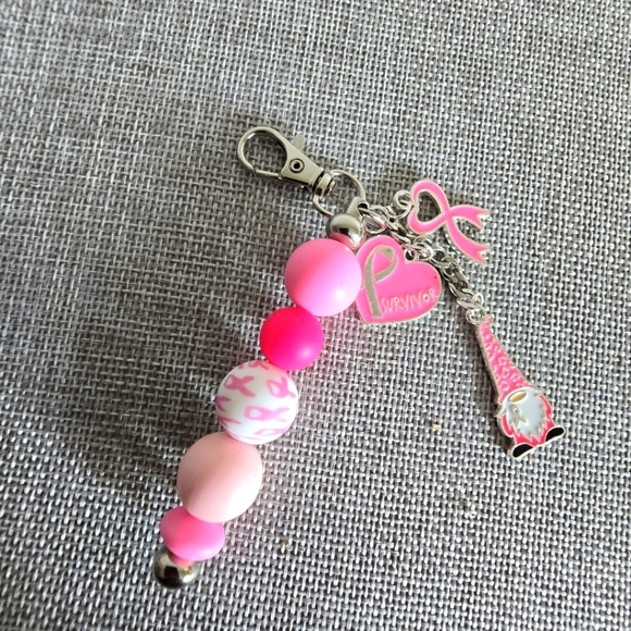 Breast Cancer Awareness Charm Key Chain Backpack Purse Heart Pink Gnome Ribbon - Picture 1 of 3